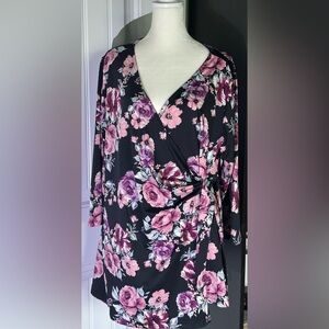 Avenue Black Floral Wrap Tunic with Pink & Purple Roses